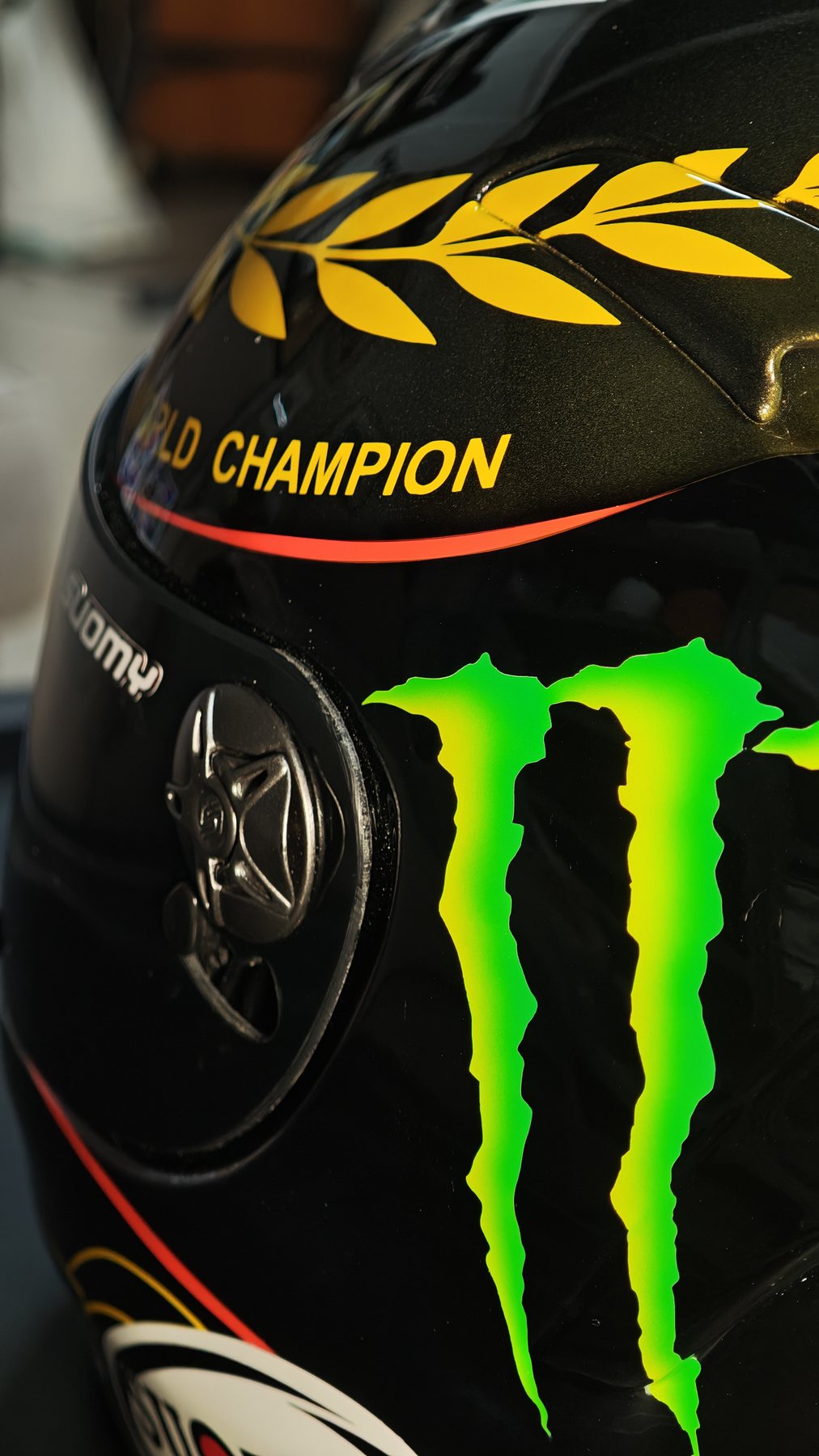 Detail of the rear of the helmet showing the laurel and reproduced sponsor graphics